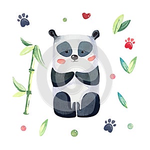Cute Kids panda bear Sitting with pink cheeks among green bamboo leaves. Funny watercolor animal greeting card