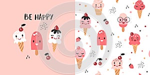 Cute kids pattern with ice creams, seamless background