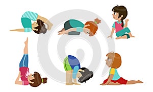 Cute Kids Performing Yoga Exercises Set, Physical Activity and Healthy Lifestyle Vector Illustration