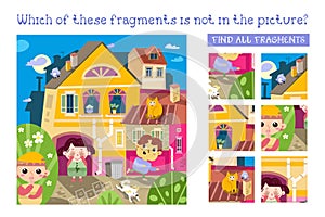 Cute kids play hide and seek. Find all fragments. Game for children. Cartoon character vector illustration.