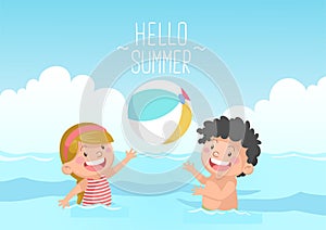 cute kids playing beach ball hello summer