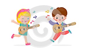 Cute kids playing guitar, happy children boy and girl playing the guitar, Musical performance isolated vector Illustration