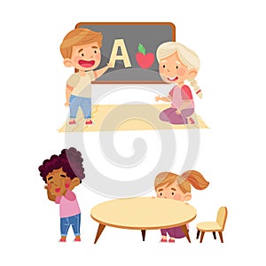 Cute kids playing and learning in kindergarten set. Children playing hide and seek and learning letters cartoon vector