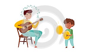 Cute kids playing music set. Girls performing with cymbals and acoustic guitar vector illustration