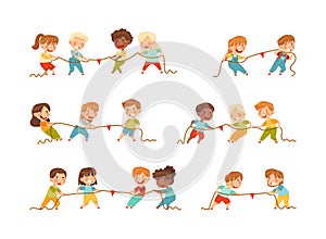 Cute kids playing with rope tug of war. Groups of happy children pulling opposite ends of rope cartoon vector