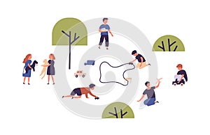 Cute kids playing with toys, car racing and pets at park or playground vector flat illustration. Group of children