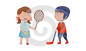 Cute kids playing various sports set. Boy and girl playing badminton and hockey. Children physical activity cartoon