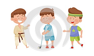 Cute kids playing various sports set. Boys practicing karate, golf and running cartoon vector illustration