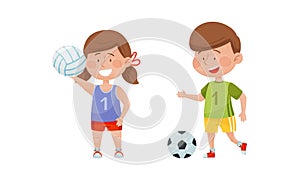 Cute kids playing various sports set. Little boy and girl playing volleyball and soccer cartoon vector illustration