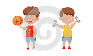 Cute kids playing various sports set. Little boy playing basketball and exercising with dumbbells cartoon vector