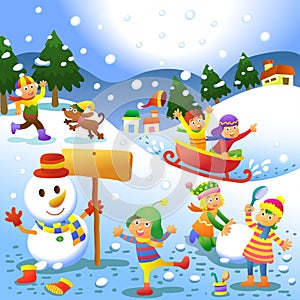 Cute kids playing winter games