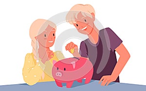 Cute kids putting coin to piggy bank, thrifty boy and girl with moneybox on table photo