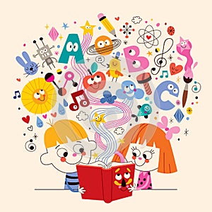 Cute kids reading book education concept illustration
