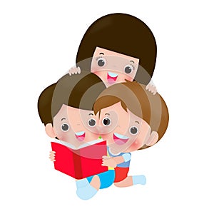 Cute kids reading book, World Book Day, education concept, Happy Children while Reading Books, back to school Vector Illustration