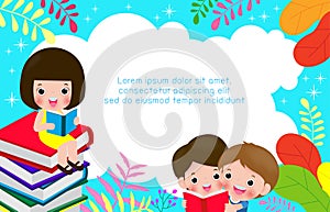 Cute kids reading book, World Book Day, education concept, Happy Children while Reading Books, back to school Vector Illustration
