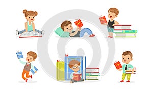 Cute Kids Reading Books Set, Tiny Adorable Boys and Girls Sitting on Stack of Books, Children Enjoying of Reading