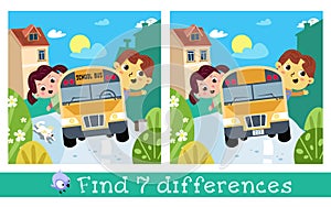 Cute kids ride on school bus. Find 7 differences. Game for children. Vector color illustration.