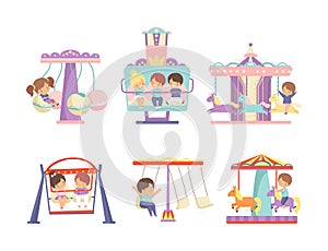Cute kids riding carousels in amusement park set. Little girls and boys having fun on playground cartoon vector
