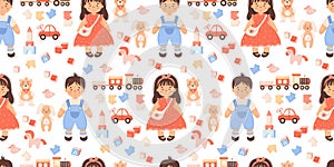 Cute kids seamless pattern. Children toys. Girl doll in red dress and boy in shorts, plush toys teddy bear and rabbit