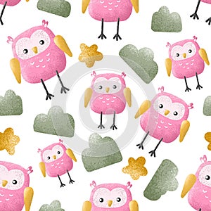 Cute kids seamless pattern with pink cartoon owls, vector childish background