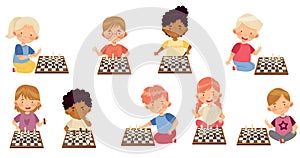 Cute Kids Sitting and Playing Chess Vector Set