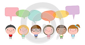 Cute kids with speech bubbles,Set of diverse children and Different nationalities with speech bubbles isolated on white background