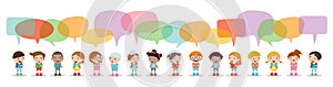 Cute kids with speech bubbles, Set of diverse Kids and Different nationalities with speech bubbles isolated on white background.