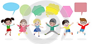 Cute kids with speech bubbles, stylish children jumping with speech bubble, children talking with speech balloon. jumping kids Vec