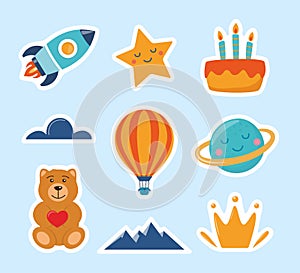 Cute kids stickers: rocket, star, planet, teddy bear, cloud, cake, aerostat. Cartoon illustration for children`s sticker. Colorfu