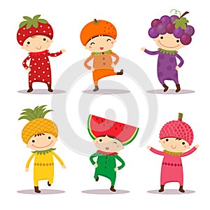 Cute kids in strawberry, orange, grape, pine apple, watermelon a