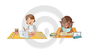 Cute kids studying at home using laptop computers and headphones set. Online education, distance school concept cartoon