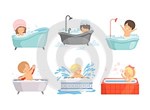 Cute kids taking bath set. Happy boys and girls sitting in bathtub with soap bubbles cartoon vector illustration
