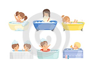 Cute kids taking bath set. Happy children sitting in bathtub with soap bubbles cartoon vector illustration