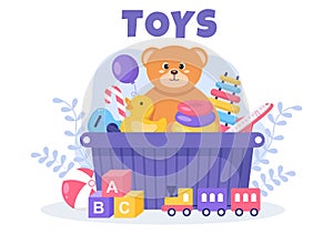 Cute Kids Toy Box Full at Kindergarten in Flat Cartoon Style Illustration. Interior of Playroom for fun and Gaming