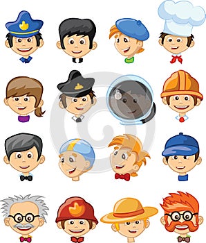 Cute kids in various professions avatar set. Smiling little boys and girls in uniform with professional equipment