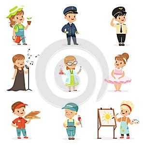 Cute kids in various professions set. Smiling little boys and girls in uniform with professional equipment colorful