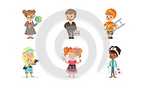 Cute Kids of Various Professions Set, Teacher, Businessman, Fireman, Photographer, Hairdresser, Doctor Vector