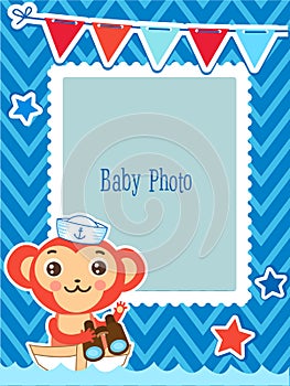 Cute Kids Vector Photo Frame. Cartoon Monkey Vector Illustration. Decorative Cartoon Template For Baby.