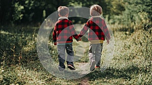 Cute kids walking together holding hands in autumn park. Smiling brothers, stylish boys having fun, playing outdoors