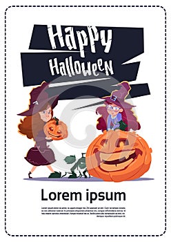 Cute Kids Wear Witch Costume Sit On Pumpkin, Happy Halloween Banner Party Celebration Concept