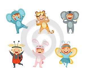 Cute kids wearing animal costumes set. Elephant, tiger, koala, ladybug, bunny, butterfly vector illustration
