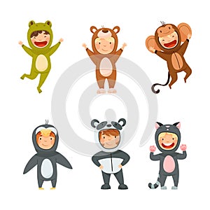 Cute kids wearing animal costumes set. Frog, bear, monkey, penguin, panda, cat vector illustration