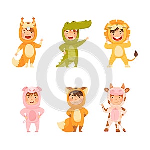Cute kids wearing animal costumes set. Squirrel, crocodile, lion, pig, fox, cow vector illustration
