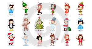 Cute Kids Wearing Fancy Christmas Dress Enjoying Holiday Celebration Vector Big Set