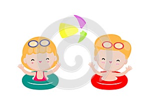 Cute kids wearing float rings on inflatable playing ball in Pool party, cartoon charact flat style vector illustration