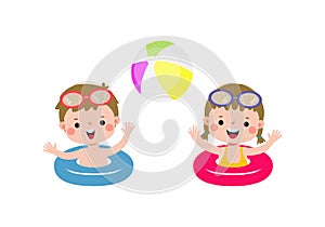 Cute kids wearing float rings on inflatable playing ball in Pool party, cartoon charact flat style vector illustration