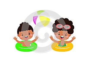 Cute kids wearing float rings on inflatable playing ball in Pool party, cartoon charact flat style vector illustration