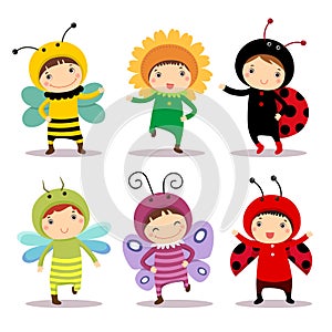 Cute kids wearing insect and flower costumes