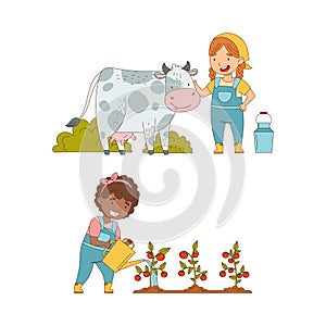 Cute kids working on farm set. Girls milking cow and watering plants cartoon vector illustration