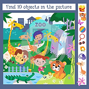 Cute kids in zoo among animals. Find 10 items. Game for children. Cute cartoon character. Vector illustration.